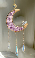 Load image into Gallery viewer, Decorative hanging moon with gemstones and crystals on a soft background
