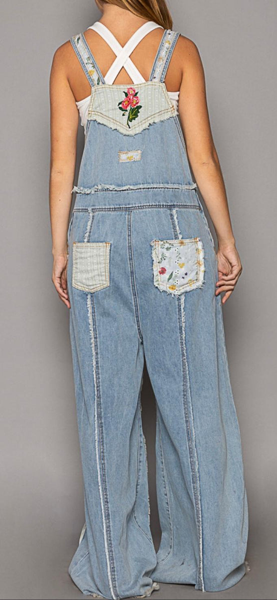 Denim Floral Patchwork Embroidered Overalls
