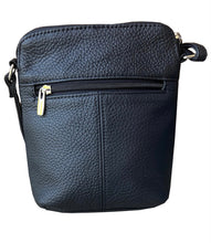 Load image into Gallery viewer, Black leather crossbody bag with gold zipper on a white background