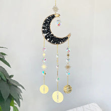 Load image into Gallery viewer, Decorative moon-shaped hanging ornament with beads and coins on a white background