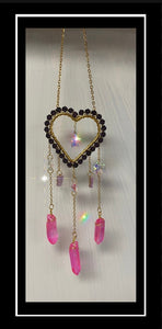 Sun Catcher - Pretty Gold Heart with Butterfly, Prism Crystals, and Stones