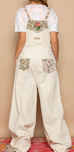 Floral Patchwork Embroidery Overalls Almond