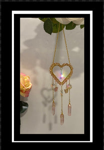 Sun Catcher - Pretty Gold Heart with Butterfly, Prism Crystals, and Stones