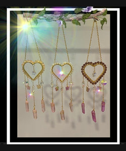 Sun Catcher - Pretty Gold Heart with Butterfly, Prism Crystals, and Stones