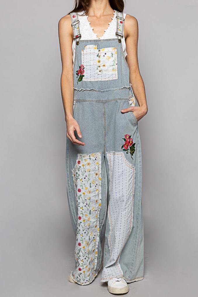 Denim Pinstripe Floral Patchwork Embroidered Overalls